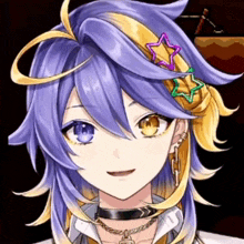 a close up of a person 's face with purple and yellow hair