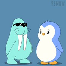 a walrus and a penguin are standing next to each other with the word pengu on the bottom right