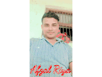 a man in a blue shirt is sitting in front of a window with the name absal riya written in red