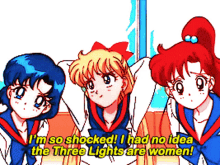 three anime girls are standing next to each other and one of them says i 'm so shocked