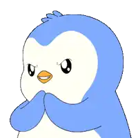 a blue and white penguin with an orange beak is making a funny face