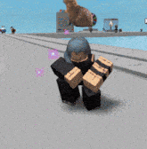 a person in a video game is holding boxes and a cat is flying in the air