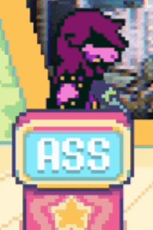a pixel art of a person with the word ass on it