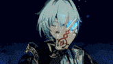 a blue haired anime character is making a peace sign with his hands .