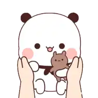 a cartoon panda bear is being held by two hands