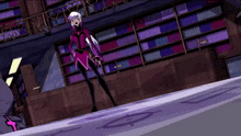 a cartoon character is standing in front of a bookshelf with a cross on it
