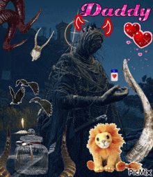 a picture of a man with horns and a stuffed lion that says daddy