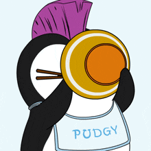 a cartoon penguin with a bib that says pudgy