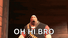 a cartoon character is holding a gun and saying oh hi bro