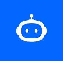 an icon of a robot with two eyes and a nose on a blue background