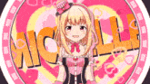 a girl in a pink and black dress is standing in front of the word nicoll