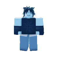 a blue roblox character is wearing a black shirt with a tribal design on it