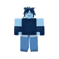a blue roblox character is wearing a black shirt with a tribal design on it