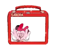 a red lunch box with minnie mouse and the name sandra written on it