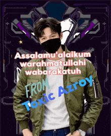 a man wearing a black mask is standing in front of a poster that says " from toxic azroy "