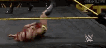 a female wrestler is laying on the floor in a wrestling ring .