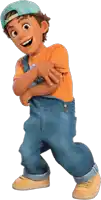 a cartoon boy wearing overalls and a hat with a sticker that says ' a ' on it