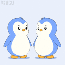 two blue and white penguins are standing next to each other and the word pengu is on the bottom