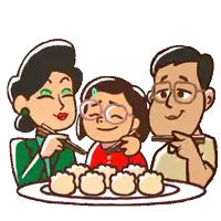 a cartoon illustration of a family eating dumplings together