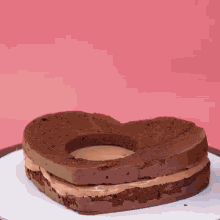a heart shaped chocolate cake sitting on a white plate