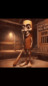 a cartoon character holding a baseball bat in front of a sign that says pentong pos ron