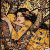 a woman in a yellow dress is sleeping under a tree in a painting .