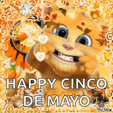 a happy cinco de mayo greeting card with a cat and flowers