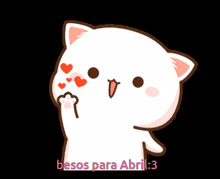 a cartoon cat with hearts around it and the words besos para abril 3 below it