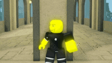 a yellow roblox character is standing in a hallway with arches
