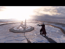a man in a red coat holding a gun stands in front of a statue