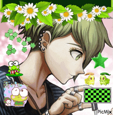 a picture of a girl with a frog on her head and a green checkered background with picmix written on the bottom