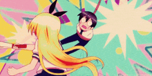 a cartoon of a girl holding a fan fighting a boy