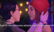a cartoon of a man and woman kissing with the words " keep on the awesome adventures of captain spirit " below them