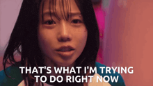 a girl says " that 's what i 'm trying to do right now " in front of a pink background
