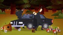 a cartoon illustration of two men holding guns in front of a car with a sign that says christmas ii