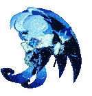 a pixel art drawing of a blue and black cartoon character holding a wand