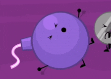 a purple bomb with a pink hose coming out of it is standing next to a purple object with a mouth open .