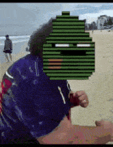 a man is running on the beach with a pixelated face behind him
