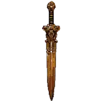 a pixel art drawing of a sword with a lion head on the handle