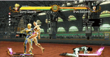 a video game shows giorno giovanna and bruno bucciardi fighting each other