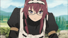 a girl with purple eyes and glasses is wearing a black and white outfit