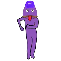 a purple cartoon character with a npc hat on his head