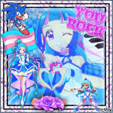 a collage of anime characters with the words " you rock " in pink