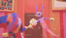 a cartoon character is standing next to another cartoon character in a room holding a sword .