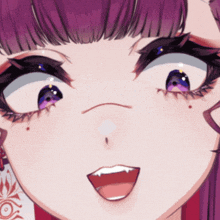 a close up of a purple haired anime girl 's face