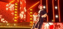 two anime characters are standing on a stage holding swords in front of a maze .