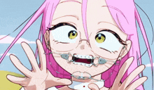 a girl with pink hair and braces on her teeth is making a funny face