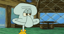 a pixel art of squidward from spongebob squarepants standing in front of a window