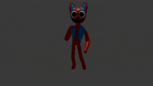 a red and blue cartoon character with big eyes and arms