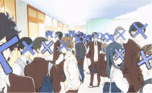 a group of people standing in a hallway with crosses on their heads
